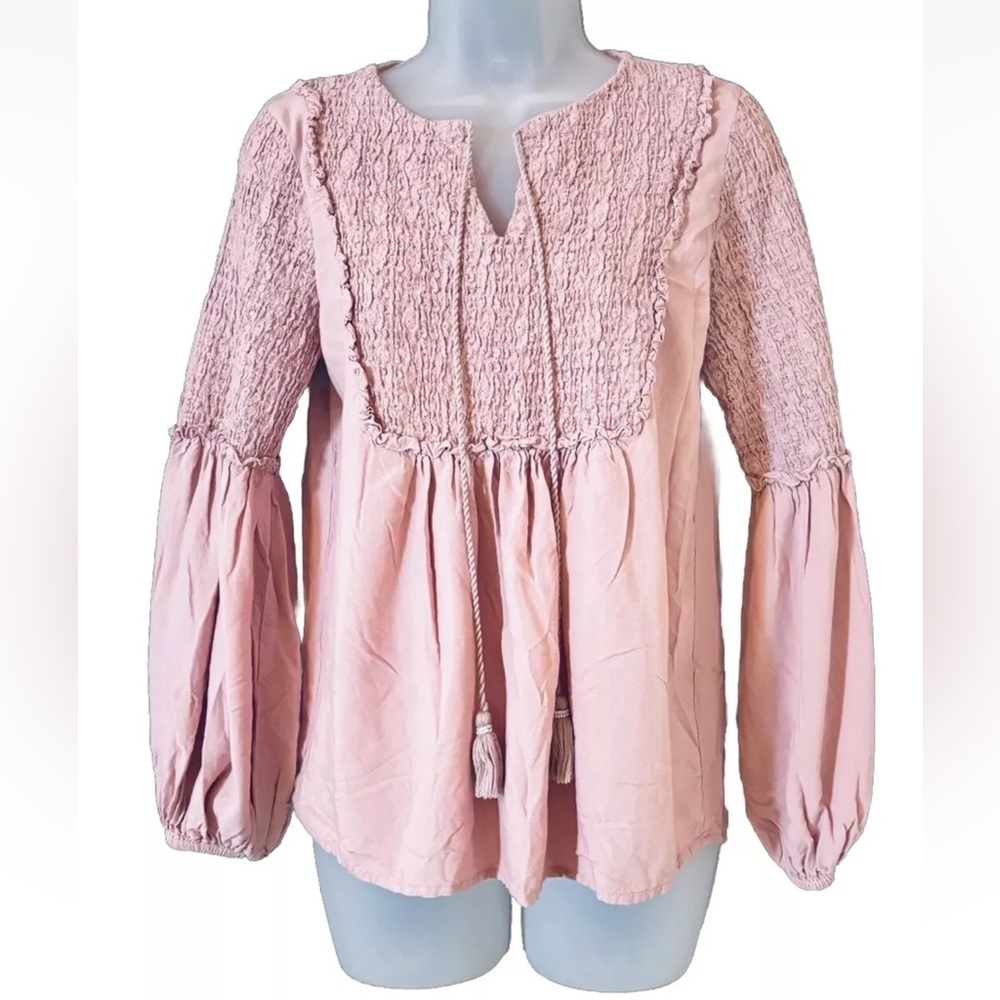 Sahalie Women's Size S Babydoll Smocked Peasant Balloon Sleeve Tunic Top Pink